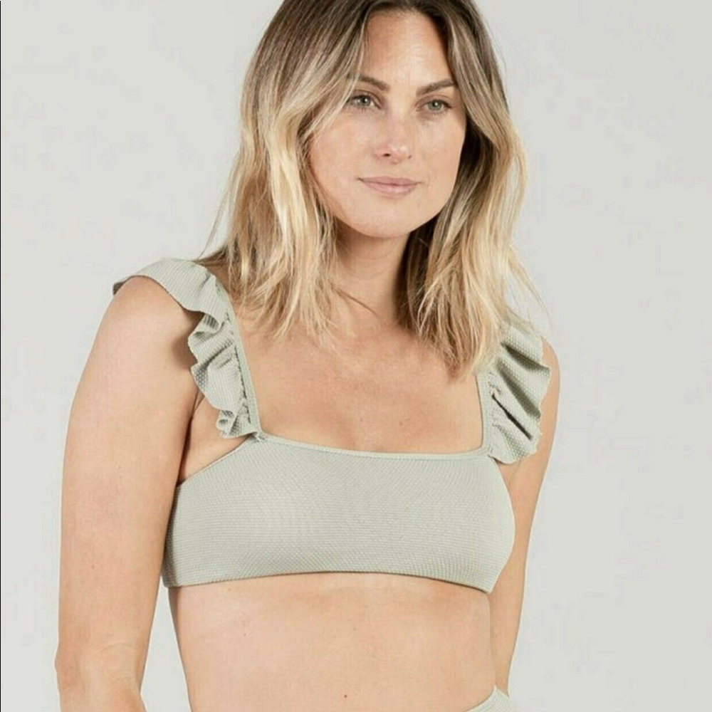 Rylee + Cru ruffle sleeve bikini top seafoam pique